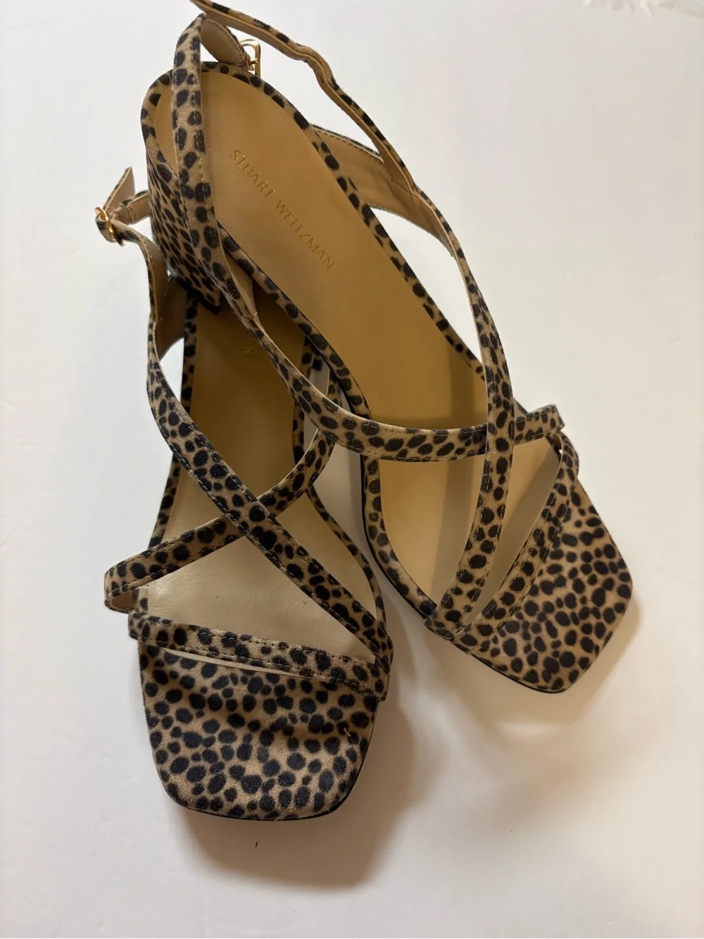 Stuart Weitzman Leopard Print Strappy Sandals - Tan & Black 7.5